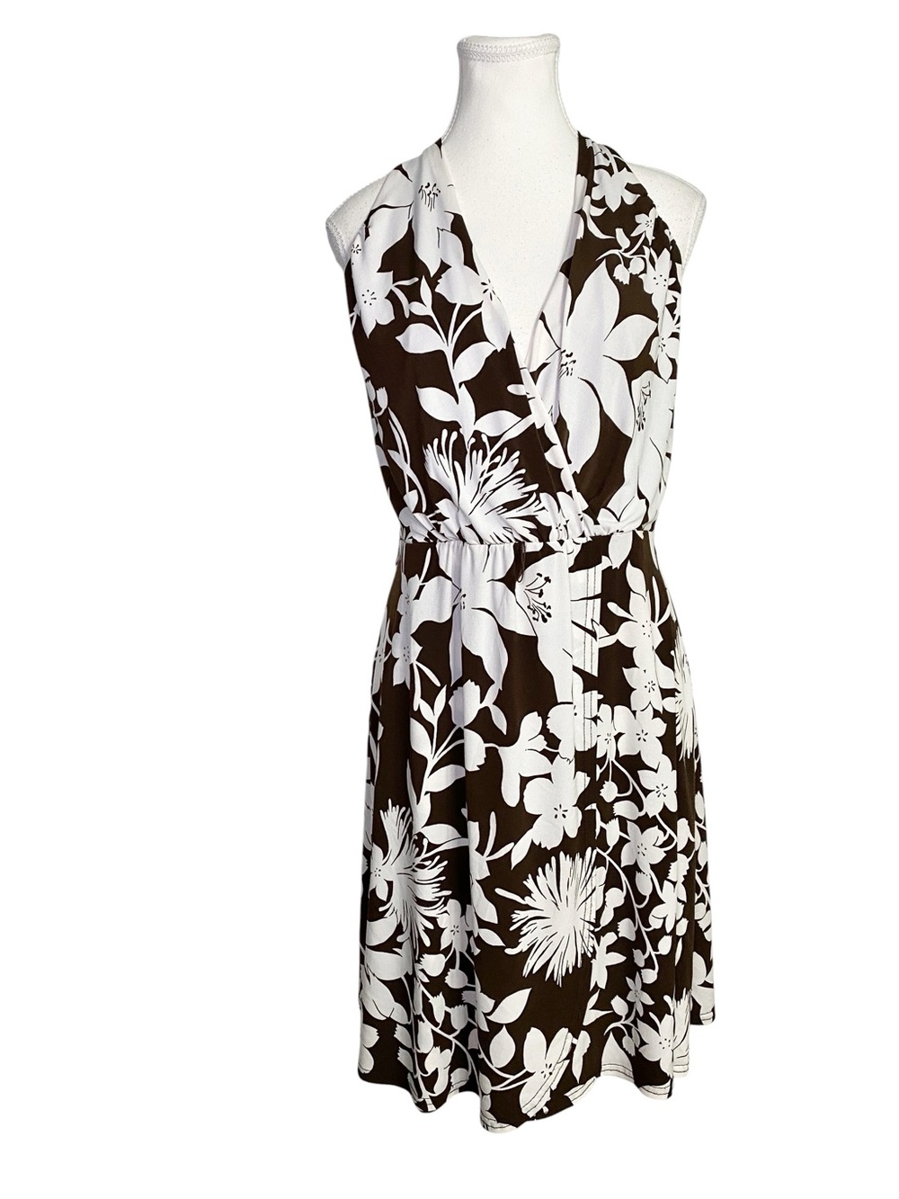 J.F.W by Just For Wraps Brown & White Floral Halter Wrap Dress